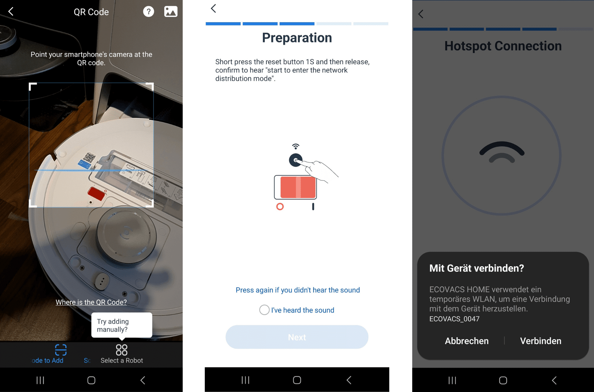 Der Einrichtungsprozess der ECOVACS DEEBOT T20 OMNI App ist zu sehen.